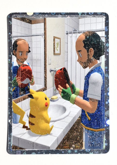 A trading card or print showing the Pokémon character Volkner looking into a bathroom mirror while holding an apple, with a Pikachu sitting on the sink counter beside a bar of soap.