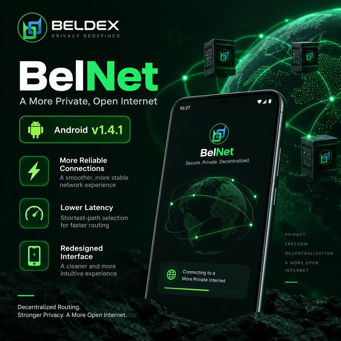 A promotional graphic for 'BELDEX BelNet' Android v1.4.1 VPN application, featuring a smartphone display showing 'Connecting to a More Private Internet' alongside features like 'More Reliable Connections', 'Lower Latency', and 'Redesigned Interface'.