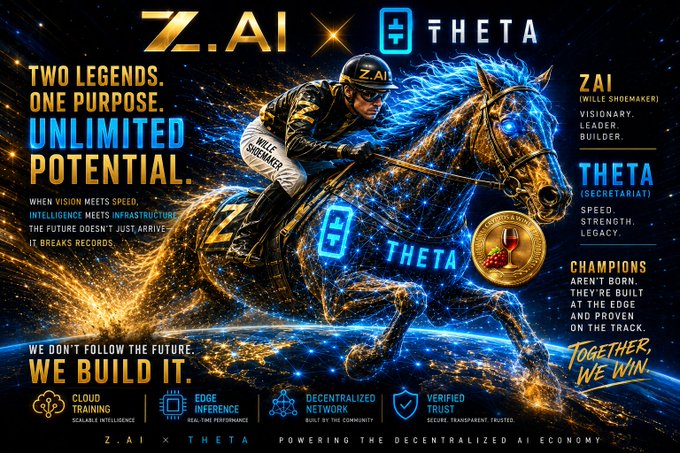 A promotional graphic for Z.AI x Theta featuring "Wille Shoemaker" on a glowing horse, with text "TWO LEGENDS. ONE PURPOSE. UNLIMITED POTENTIAL" and "TOGETHER. WE WIN." highlighting cloud training, edge inference, decentralized network, and verified trust.