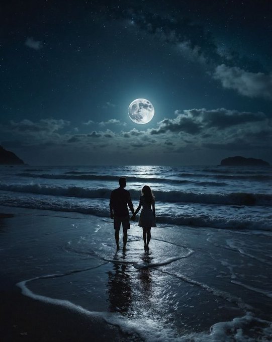 A silhouetted couple holds hands on a moonlit beach, walking toward the ocean under a bright full moon in a starry night sky.