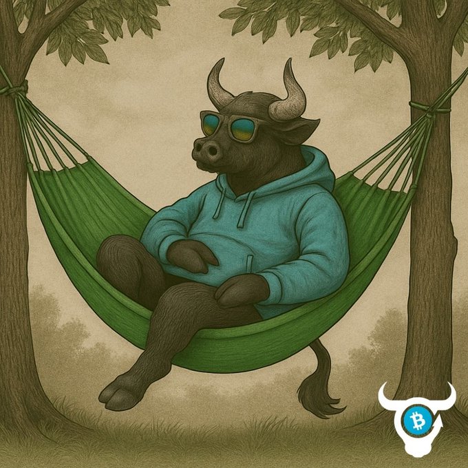 An illustrated bull wearing sunglasses and a teal hoodie relaxes in a green hammock tied between two trees, with a Bitcoin logo in the bottom right corner.