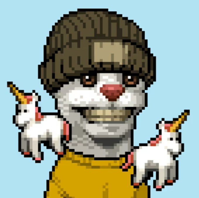 Pixel art character wearing a brown furry ushanka hat holding two small white unicorn figures against a light blue background.