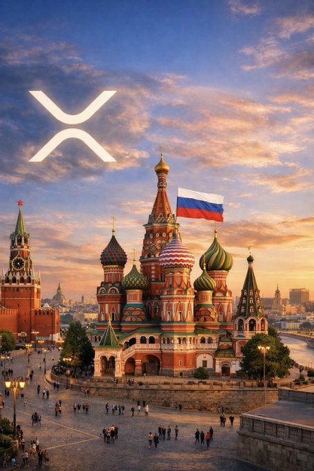 The image shows Saint Basil's Cathedral in Moscow's Red Square at sunset, with the Russian flag flying and the XRP logo prominently overlaid in the sky. The composition connects Russia's new cryptocurrency law taking effect on September 1st with the XRP cryptocurrency, visually symbolizing Russia's embrace of XRP as referenced in the post.