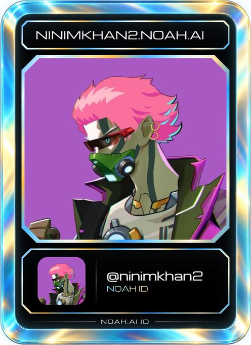 An animated character card with pink hair and a green mask, displaying the text 'NINIMKHAN2.NOAH.AI' at the top, '@ninimkhan2 NOAH ID' at the bottom, and 'NOAH.AI ID' along the bottom edge.