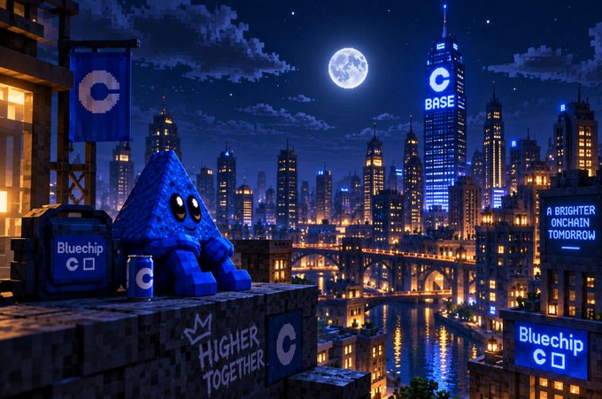 A pixel art-style nighttime cityscape features a blue pyramid character branded with 'C' and 'BASE' logos, alongside billboards for 'Bluechip C' and 'C BASE' promoting 'A BRIGHTER ONCHAIN TOMORROW' and 'HIGHER TOGETHER'.