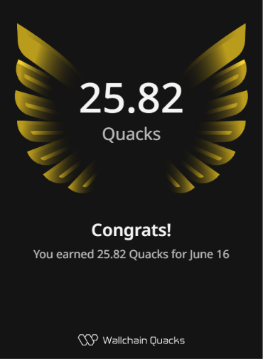 A person has just earned 25.82 Quacks for participating consistently on a platform named @wallchainQuacks in a single day. The post highlights that consistent participation leads to long-term rewards, as evident by the visible progress on their account over time.