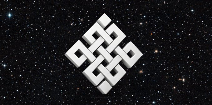 White 3D geometric logo resembling an interlocking square or knot design displayed against a dark starry space background with scattered stars and cosmic dust.