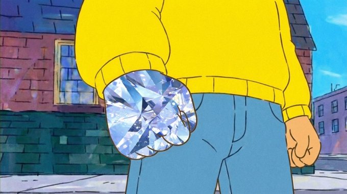 A cartoon figure in a yellow sweater and blue pants holds up a massive sparkling diamond toward the camera, referencing the "$HOLD" token's "diamond hand" branding.