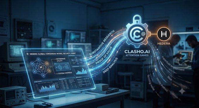 Futuristic tech promotional graphic for 'CLASHO.AI ATTENTION GAMES' on the Hedera blockchain, showing node security audit dashboard with deep analysis features.