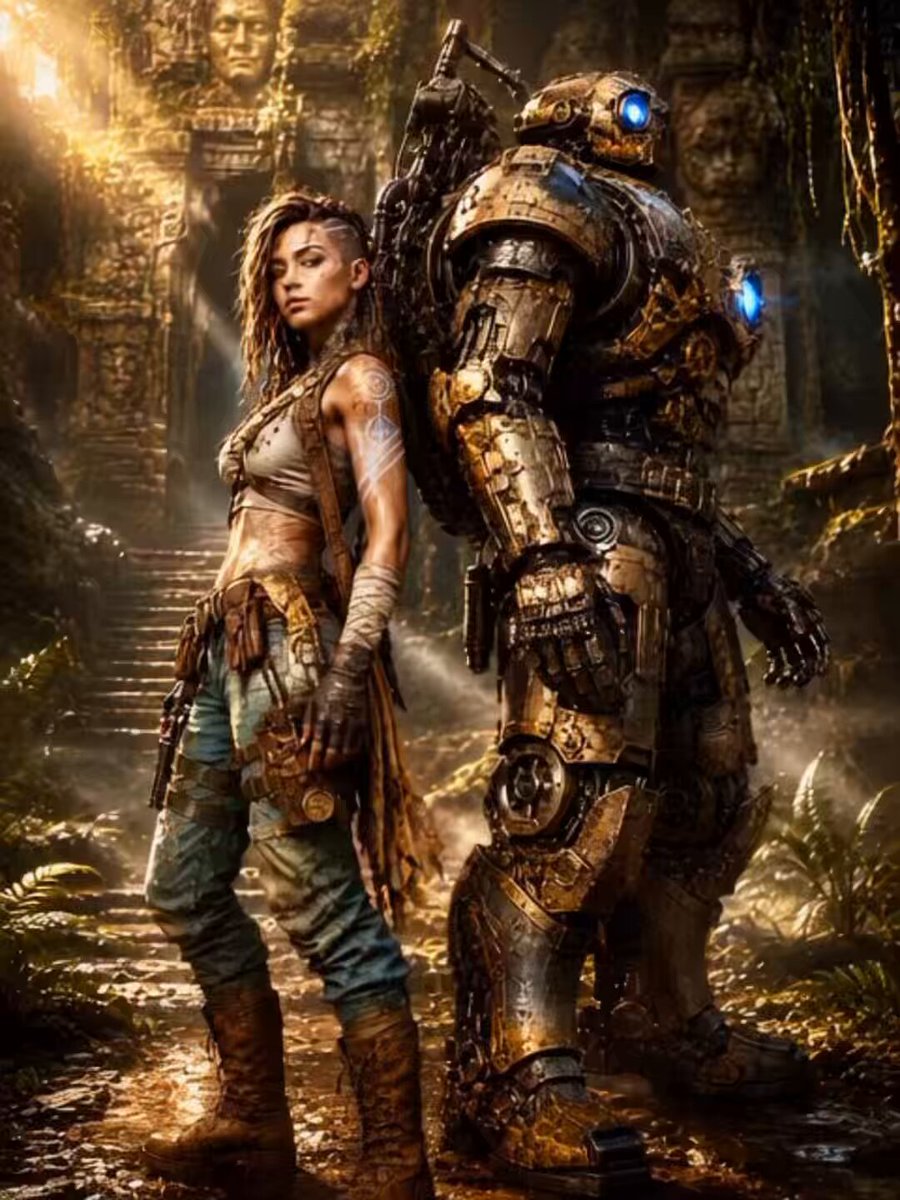 The image features a woman with long hair wearing blue jeans and boots standing next to a man dressed as a robot or cyborg. They are both facing away from the camera, giving prominence to their costumes. The background of the image includes trees and ruins, suggesting that they might be in an abandoned or historical setting. The caption "Thank you for sharing, DUST!" implies that someone has shared this image with them, possibly as a way to express appreciation for their unique appearance or costume choice.

The woman is wearing a backpack on her back, while the man dressed as a robot or cyborg also has one on his back. The presence of these accessories further emphasizes the theme of the image and adds to its overall visual appeal.