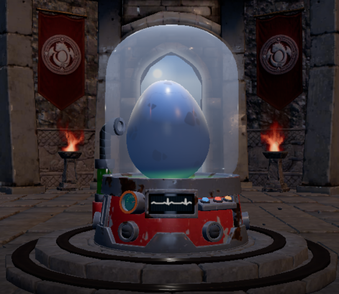 A 3D-rendered scene showing a blue egg inside a glass dome on a high-tech red machine, set within a stone castle interior featuring red banners and flaming torches.