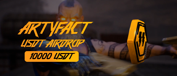 Promotional graphic for an 'ARTYFACT USDT AIRDROP' offering 10,000 USDT, featuring a futuristic character and a yellow mechanical object.
