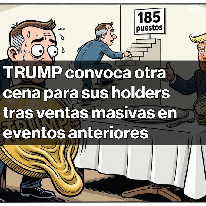 A political cartoon featuring Trump with the Spanish caption 'TRUMP convoca otra cena para sus holders tras ventas masivas en eventos anteriores', showing men carrying a '185 puestos' sign past a gold Trump coin.
