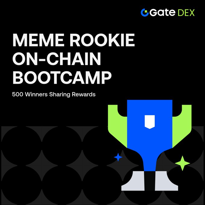 The image features a poster for a meme contest called "Meme Rookie On-chain Bootcamp". The poster includes a blue trophy with a green shield, symbolizing the first pot of gold won by the 500 winners who participated in the challenge. The text on the poster announces that the winner will receive a base reward of up to 300 US dollars.