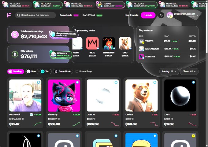 Screenshot of a meme coin trading platform called 'pump' displaying creator earnings of $2,710,543, 24hr volume of $76,111, and various trending tokens like PUNCHY and METACUCK.