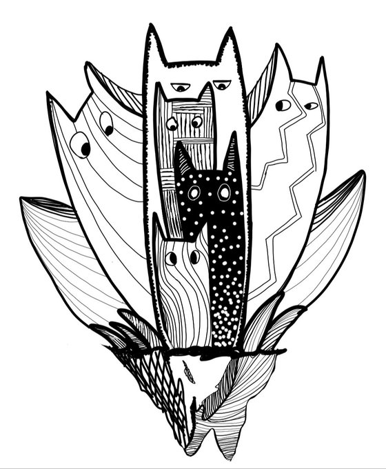 Black and white line drawing illustration of multiple stylized cats and cat-like figures with patterns, surrounded by leaves.