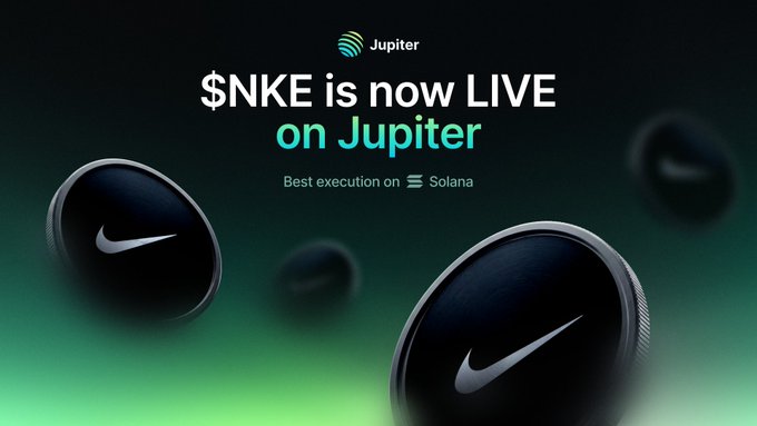 A promotional graphic announcing that the $NKE token is now live on Jupiter, featuring the Jupiter logo and taglines "Best execution on Solana" alongside dark, glossy 3D discs bearing the Nike swoosh against a green gradient background.
