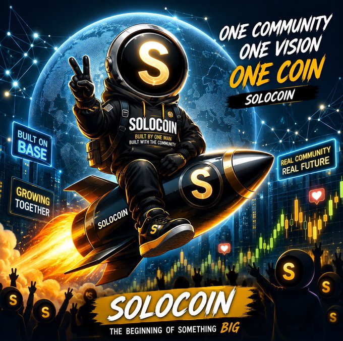 The image features a cartoon depiction of an astronaut wearing a helmet, riding a rocket ship with the words "SOLOCOIN" written on its side. The rocket ship has a flame coming out of it, adding a sense of motion and excitement to the scene. In the background, there are various signs that read "One Community One Vision One Coin", indicating the theme of the image is related to Solocin, possibly a cryptocurrency or a project focused on community building.