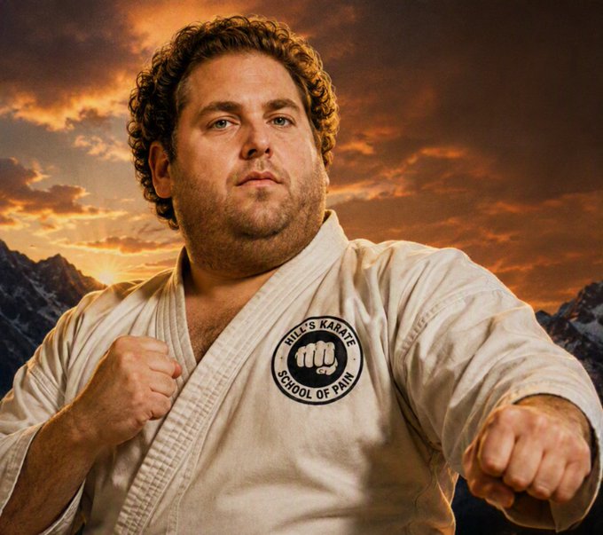 A curly-haired man in a karate gi poses with clenched fists in front of a dramatic sunset and mountain backdrop, wearing a "BILL'S KARATE SCHOOL OF PAIN" patch on his chest. The image humorously pairs Jonah Hill's likeness with a martial arts-themed dojo, fitting the meme about a fictional "Jonah Kill" karate persona.