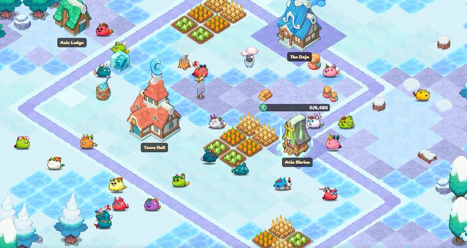 Screenshot of a colorful mobile farming/strategy game with cute creatures, farm plots, and buildings like 'Town Hall' and 'Axle Shelter' set in a snowy landscape.
