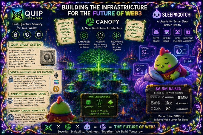 A promotional infographic titled 'BUILDING THE INFRASTRUCTURE FOR THE FUTURE OF WEB3' featuring Quip Network, Canopy, and Sleepagotchi, highlighting $6.5M raised with backers including StarMan, OKX, 5th Man, Collat+Currency, 1kx, Alliance, QSR, and everyday.
