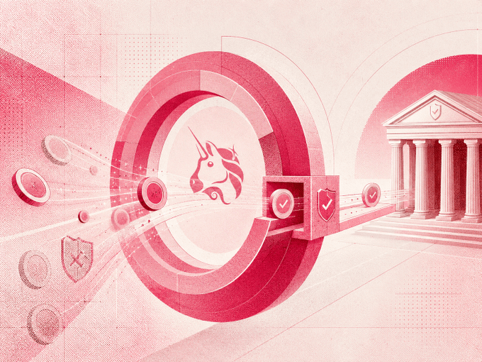 A pink and red digital illustration showing a unicorn profile inside a circular target, surrounded by floating shield icons and flowing toward a classical building with columns.