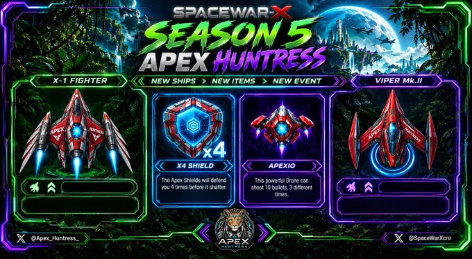 A promotional banner for 'SPACEWAR X SEASON 5 APEX HUNTRESS' featuring new ships, an X4 Shield, the APEXIO drone, and red X-1 Fighter and Viper Mk.II spacecraft, with handles @Apex_Huntress_ and @SpaceWarXcro.