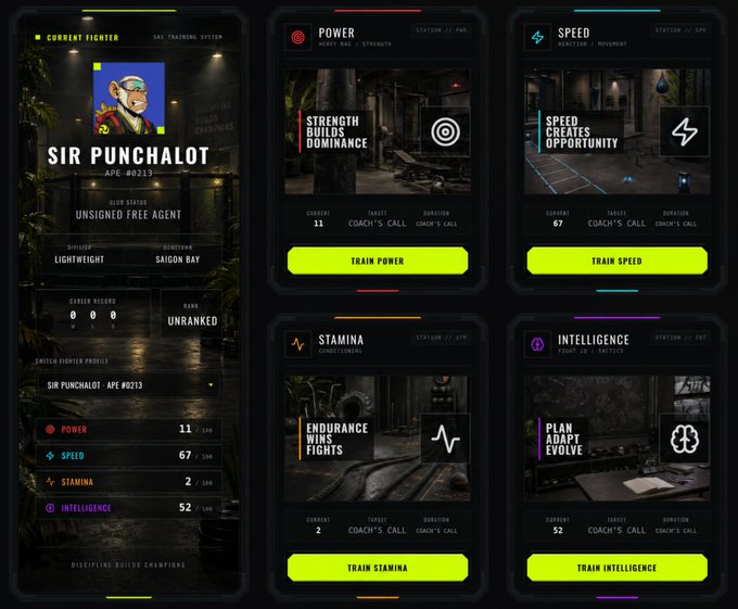 A digital trading card game interface for a fighter named "SIR PUNCHALOT", displaying stats for Power (11), Speed (67), Stamina (2), and Intelligence (52), alongside four training buttons.