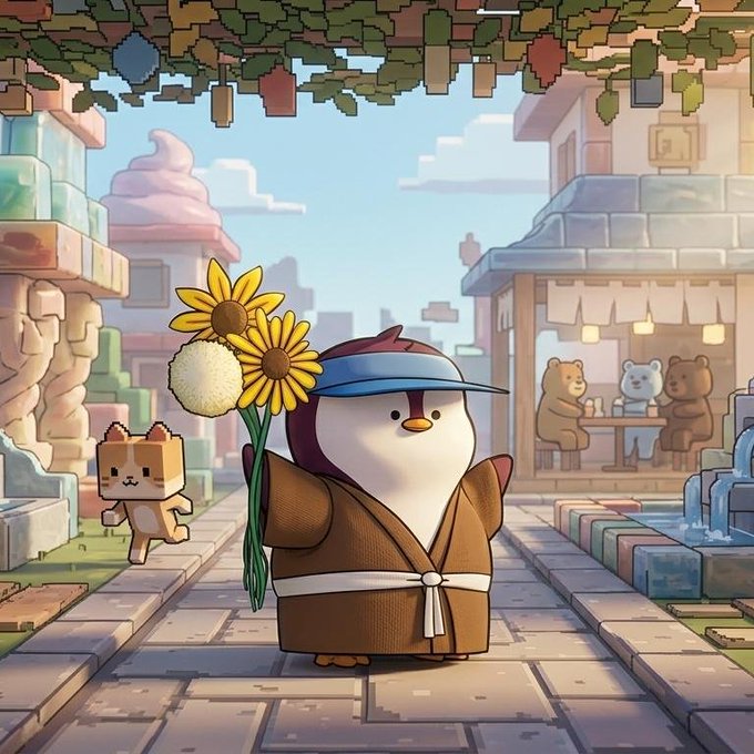 A voxel/pixel art style illustration depicts a penguin-like character in a brown robe and blue visor holding sunflowers, with a small cat and bears in the background.