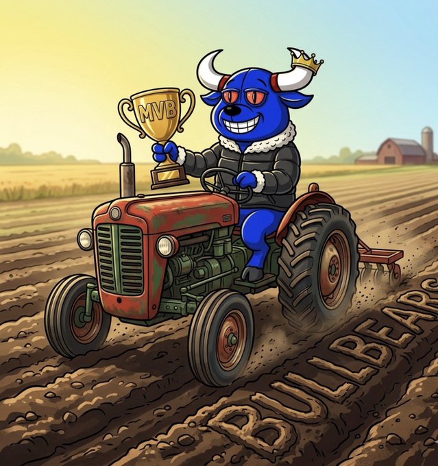 A colorful cartoon illustration of a blue bull character wearing a crown and holding a golden 'MVB' trophy while driving a red tractor across a field with 'BULLBEAR' plowed into the dirt.