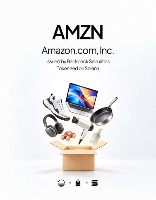 A promotional graphic for tokenized Amazon stock shows “AMZN,” “Amazon.com, Inc.,” and “Issued by Backpack Securities / Tokenized on Solana” above an open box filled with consumer products. It illustrates Backpack Securities’ Solana-based $AMZN token, which is described as redeemable 1:1 for Amazon shares and transferable to traditional brokerages.
