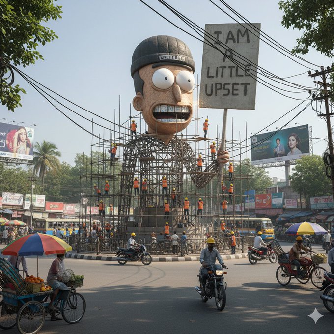 A large cartoonish statue of a man wearing a cap and holding a sign reading 'I AM A LITTLE UPSET' is under construction by workers in orange vests on a busy street corner.