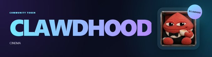 A banner for the community token "$CLAWDHOOD" featuring a plush red crab mascot in a transparent display case, with the labels "COMMUNITY TOKEN" and "CINEMA" on a dark gradient background—visually representing the AI agent's onchain identity described in the post.