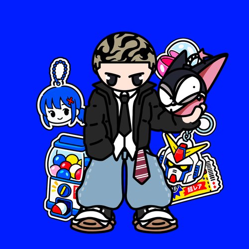 A cartoon-style illustration on a blue background featuring a central figure in a hoodie holding a black cat character, flanked by a chibi girl keychain, a gachapon machine, and a Gundam charm with Japanese text.