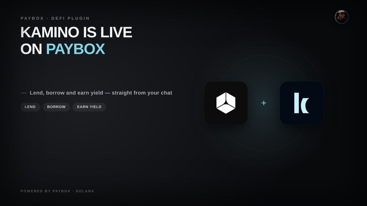 A dark promotional graphic announcing 'KAMINO IS LIVE ON PAYBOX' for the Paybox DeFi plugin, featuring icons to lend, borrow, and earn yield on Solana.