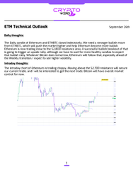 A slide titled 'ETH Technical Outlook' dated September 26th, analyzing Ethereum's price against Bitcoin and a daily chart showing downward price action with an upward arrow.