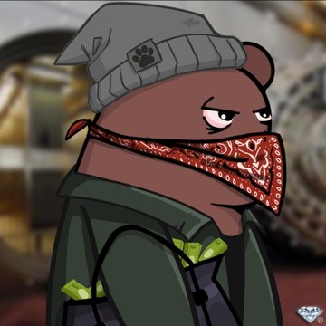 A cartoon illustration of a bear wearing a gray beanie with a paw print, a red bandana covering its lower face, and a dark green jacket with neon green accents, set against a blurred industrial background.