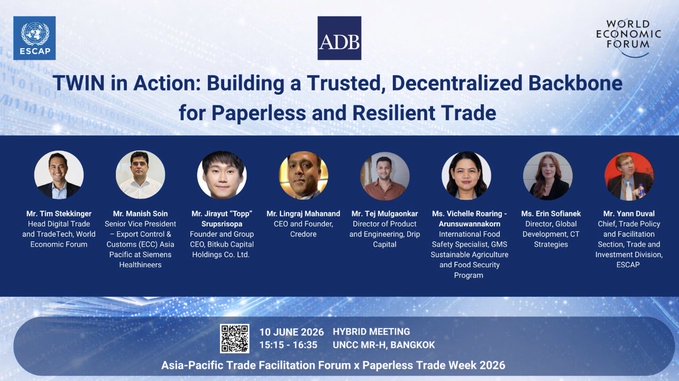 A group of executives are seen together at a conference, discussing paperless trade between Asia and Europe. They include representatives from organizations like the United Nations, Asian Development Bank, and World Economic Forum. The panel discussion emphasizes the importance of adoption for the success of the #TWIN protocol in enhancing trade efficiency among these two regions.