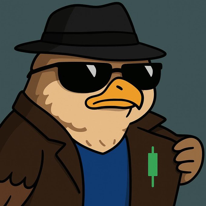 An animated bird character wearing a black fedora, dark sunglasses, and a brown trench coat gives a thumbs-up while displaying a green candlestick chart on its chest.