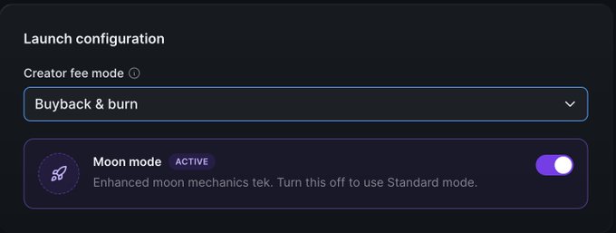 A launch configuration panel showing "Buyback & burn" selected as the creator fee mode, with "Moon mode" toggled active for enhanced moon mechanics. The image reflects the post's teaser about Robinhood Chain's upcoming Sushi V2 launch, hinting at new tokenomics features like creator fees and moon mechanics.