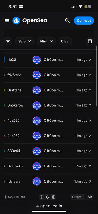 A mobile screenshot of OpenSea shows a list of recent transactions on the ClitComm collection, with user activity displayed in the list.