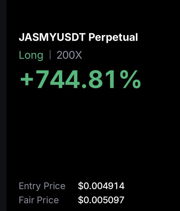 A screenshot of a trading platform shows a JASMYUSDT Perpetual long position at 200X leverage yielding +744.81% gain, with an entry price of $0.004914 and fair price of $0.005097, illustrating the "$jasmy start printing" profitability being celebrated.