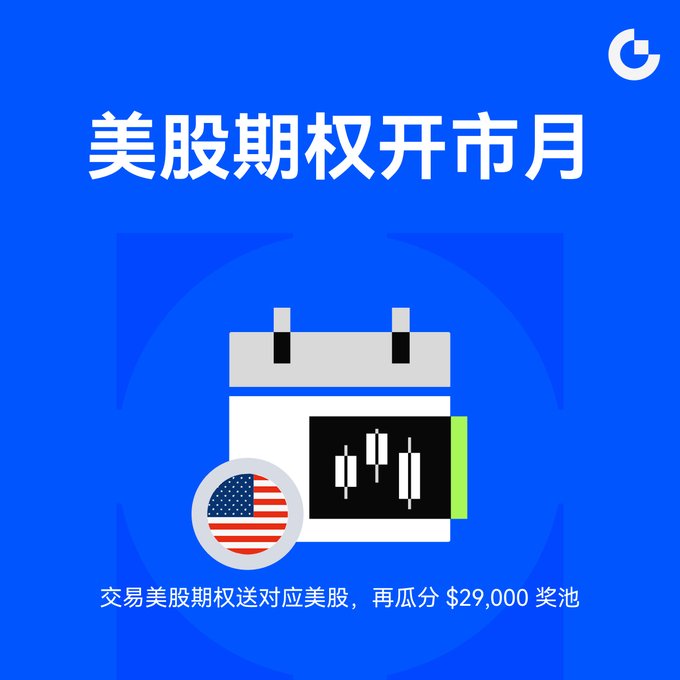 A blue promotional graphic featuring the Gate.io (Gate) logo in the top right corner displays the Chinese title "美股期权开市月" (US Stock Options Opening Month), alongside an illustration of a calendar with a candlestick chart and a US flag icon. Below, the caption "交易美股期权送对应美股，再瓜分 $29,000 奖池" invites users to trade US stock options to receive corresponding US stocks and share in a $29,000 prize pool, tying into the announcement of newly available options trading for popular tickers like NVDA, TSLA, and AAPL on the Gate platform.