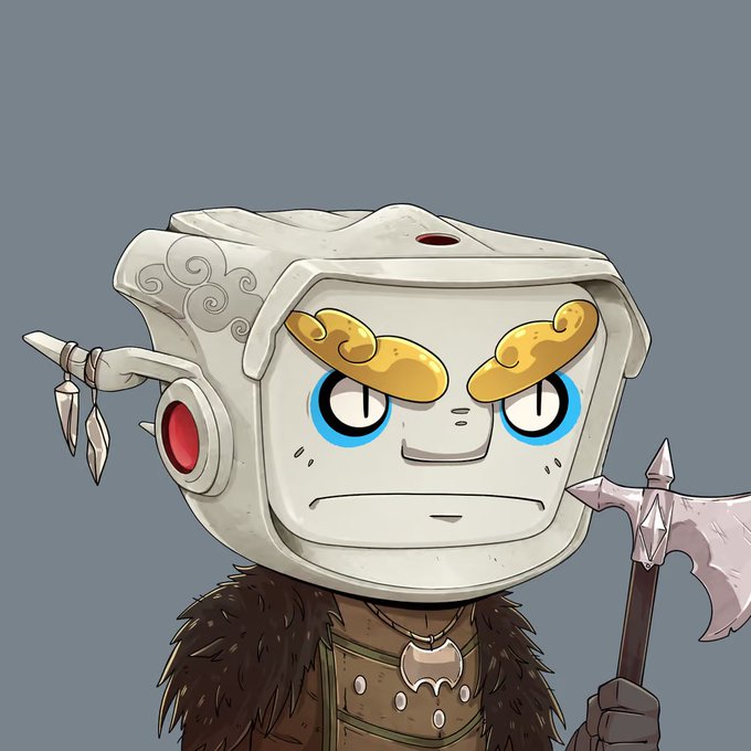 A digital illustration of a cartoonish warrior character wearing a large white helmet with yellow brow accents, a fur collar, and holding a battle axe.