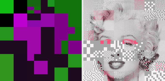 The image features two distinct artwork side by side, both representing pop art styles with a mix of colors and abstract patterns. One piece appears to be an electronic reproduction or a digital work that uses squares as its primary design element, while the other is likely an original artwork. They are displayed against a gray background for better visual contrast. Both works seem to be in good condition, and it's not possible to determine the exact value of each art piece without more context.