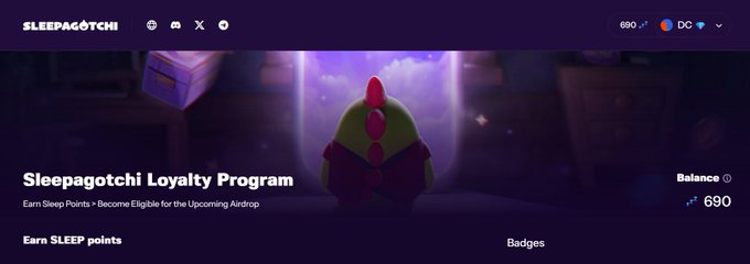 The image shows the Sleepagotchi Loyalty Program webpage, featuring a digital pet character, with a balance of 690 SLEEP points displayed on the right. It relates to the post by promoting the platform's loyalty program where users can earn "Sleep Points" to become eligible for an upcoming airdrop.