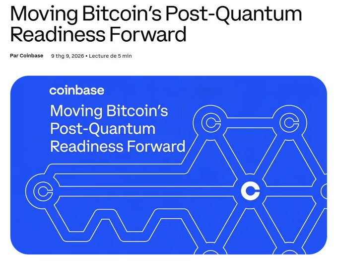 A Coinbase article header titled "Moving Bitcoin's Post-Quantum Readiness Forward" dated September 9, 2026, with a blue graphic showing a mechanical key design.
