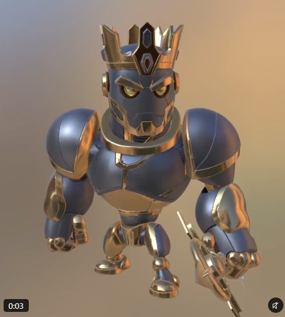 A 3D rendered character in blue and gold mechanical armor wearing a crown stands against a gradient background, holding a small object.