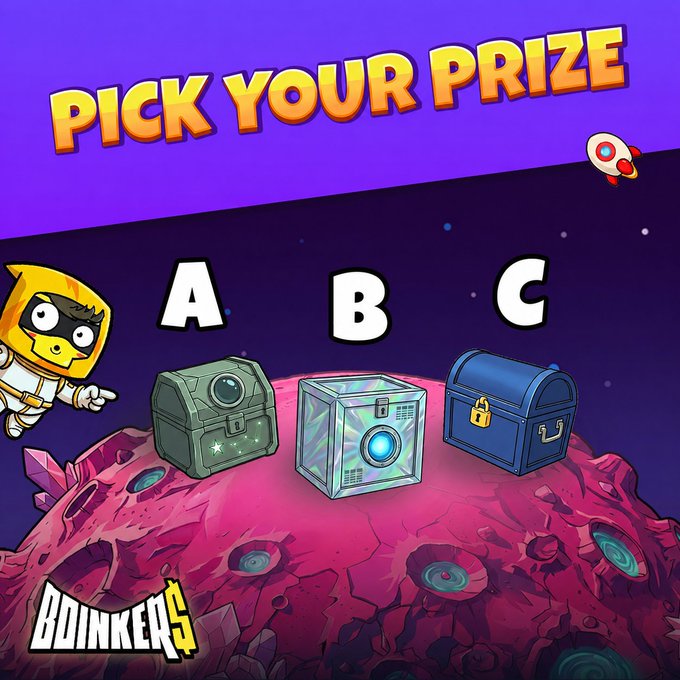 A space-themed "Pick Your Prize" promotional image for Boinkers invites players to choose between three treasure chests labeled A, B, and C sitting on a pink cratered planet, with an astronaut character pointing toward the options and the link l.boinkers.io/NW_250826V1 displayed below.