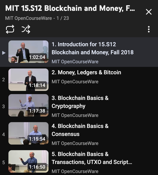 YouTube playlist interface showing MIT 15.S12 'Blockchain and Money, Fall 2018' course from MIT OpenCourseWare, displaying 23 videos including introductions, money/ledgers/Bitcoin, and blockchain basics.